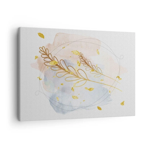 Vászonkép - Finom arany levél motívum pasztell alapon akvarell részletekkel. - 70x50cm - Aranyszínű fuvallat - Modern fali dekoráció nappalihoz és hálószobához ARTTOR