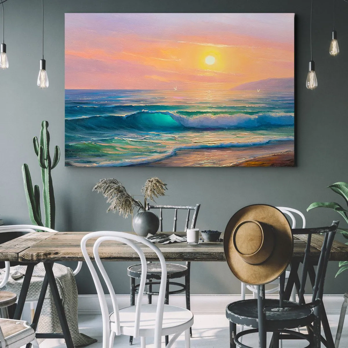 Vászonkép - Tengeri táj naplementével - 70x50cm - A hullámok türkizkék dala - Modern fali dekoráció nappalihoz és hálószobához ARTTOR