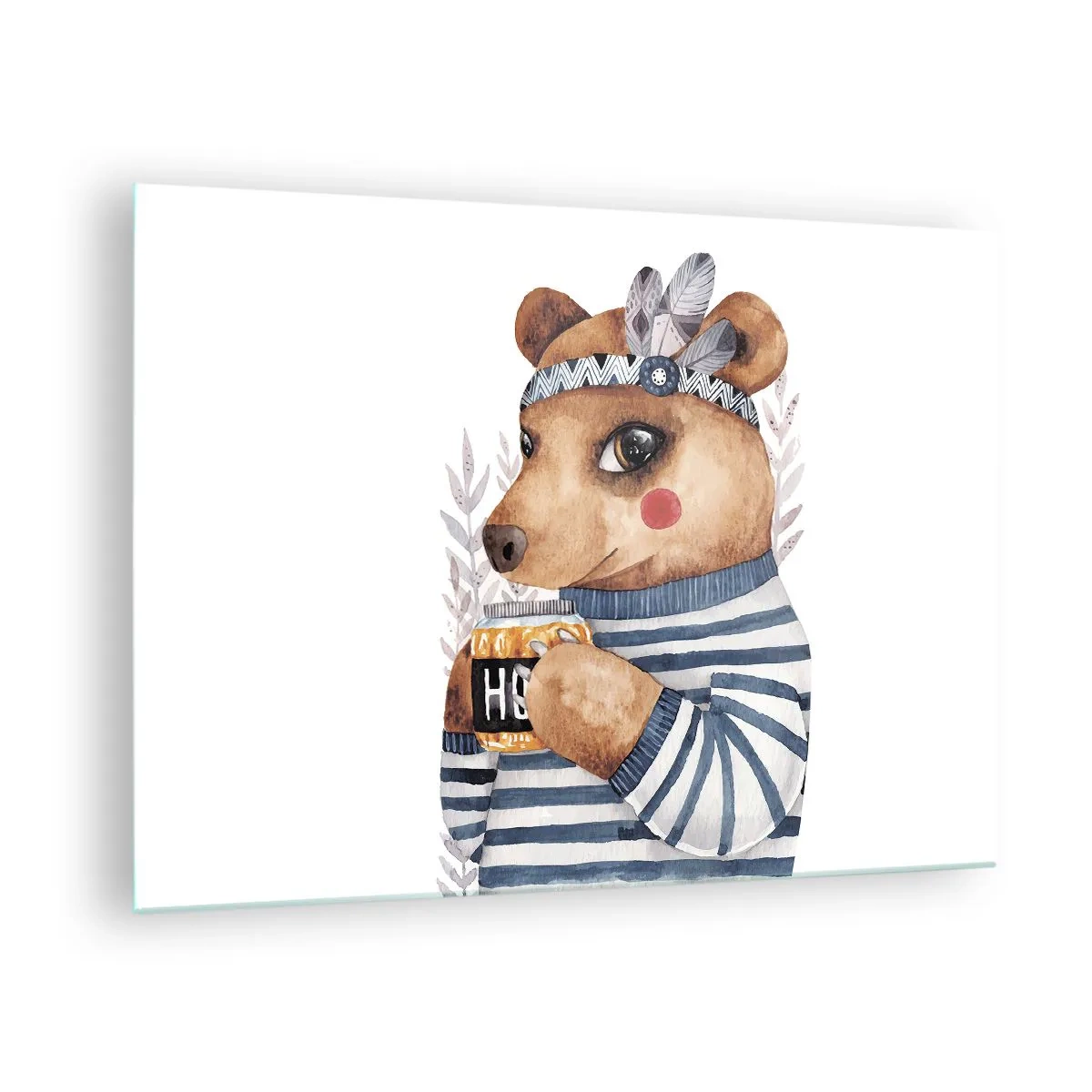 Üveg kép - Egy csíkos mackó egy csésze mézzel és tollakkal - 70x50cm - Édes Mackó - Modern fali dekoráció nappalihoz és hálószobához ARTTOR