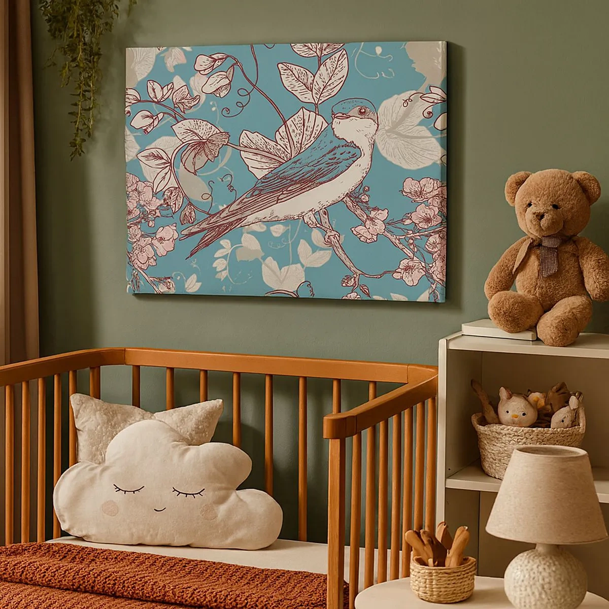 Vászonkép - Egy madár egy ágon, finom virágos stílusban - 70x50cm - A vörös és ezüst tűlevelűben - Modern fali dekoráció nappalihoz és hálószobához ARTTOR