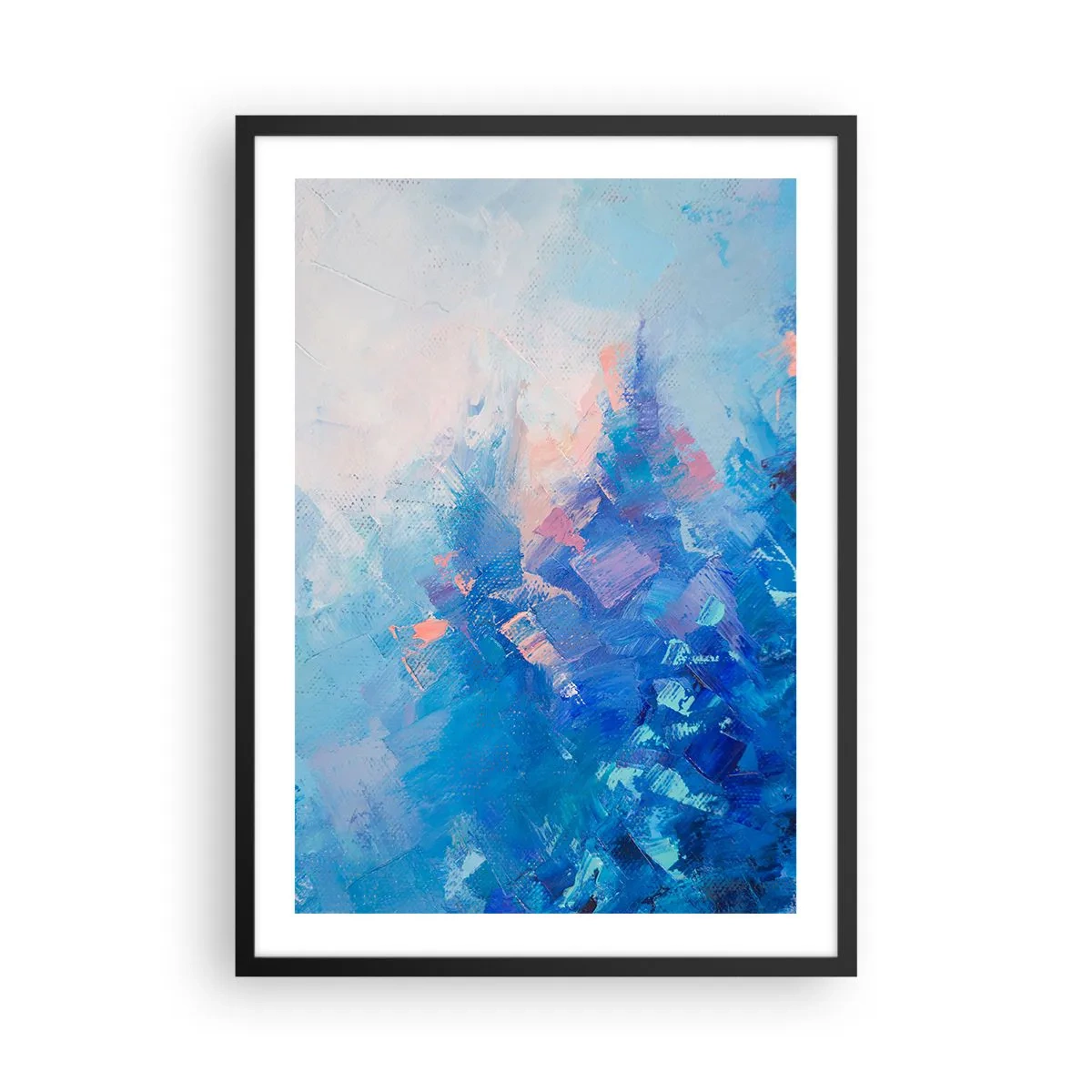 Poszter fehér keretben - Egy téli táj ihlette absztrakt kompozíció kék és rózsaszín árnyalatokban. - 50x70cm - Téli absztrakció - Modern fali dekoráció nappalihoz és hálószobához ARTTOR