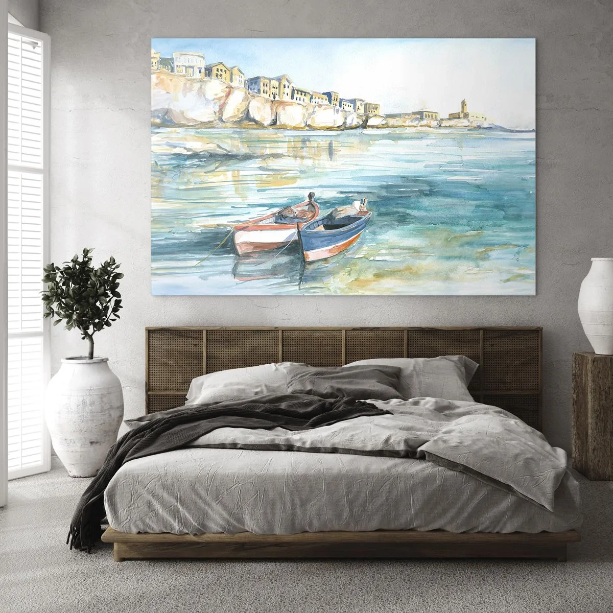 Üveg kép - Egy akvamarin öböl hajókkal és épületekkel a sziklán - 70x50cm - Tájkép azúrkéken - Modern fali dekoráció nappalihoz és hálószobához ARTTOR