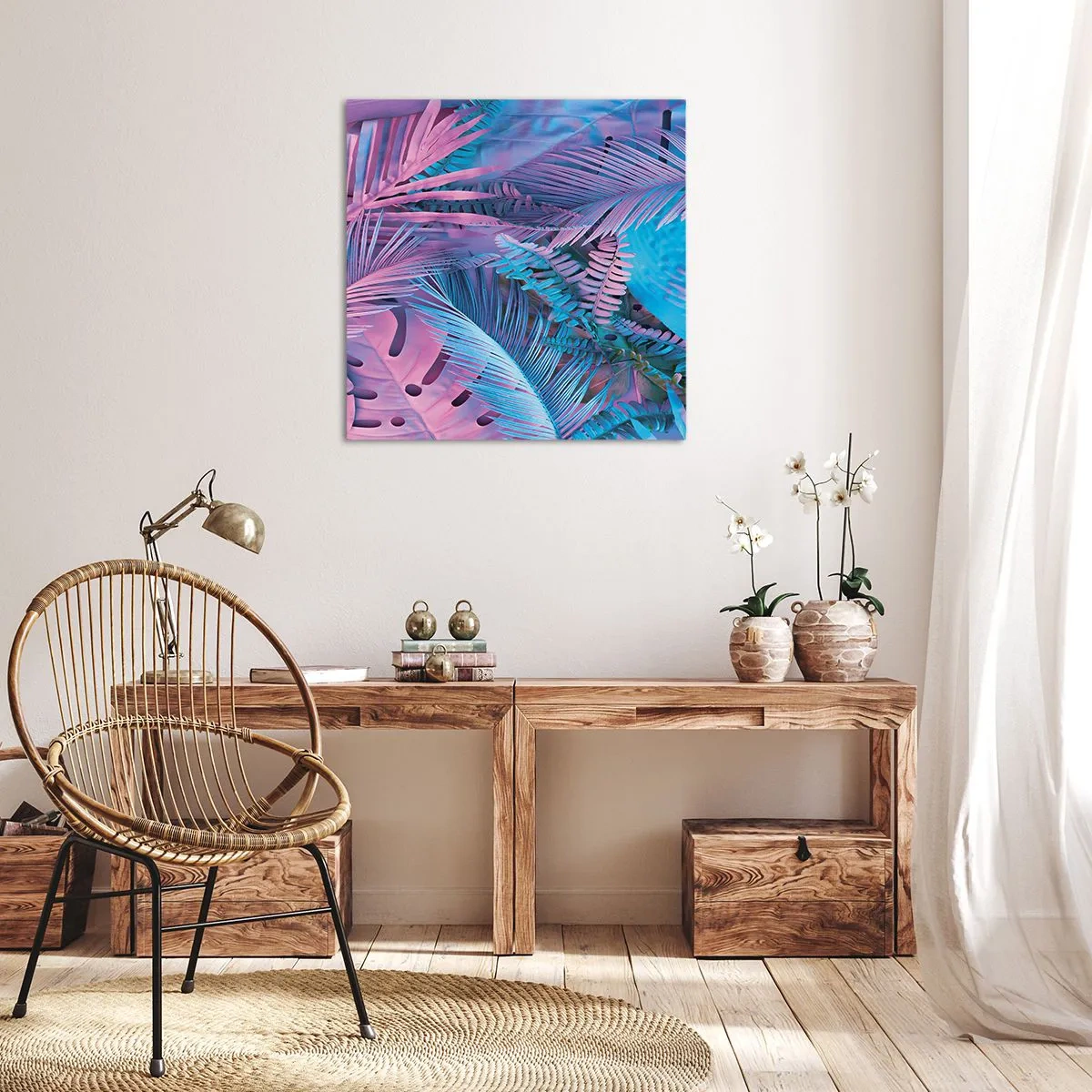Vászonkép - Trópusok rózsaszínben és kékben - 70x70 cm