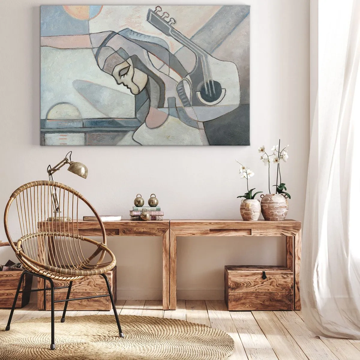 Vászonkép - Egy absztrakt figura pasztellszínű gitárral. - 70x50cm - A zene erejében - Modern fali dekoráció nappalihoz és hálószobához ARTTOR