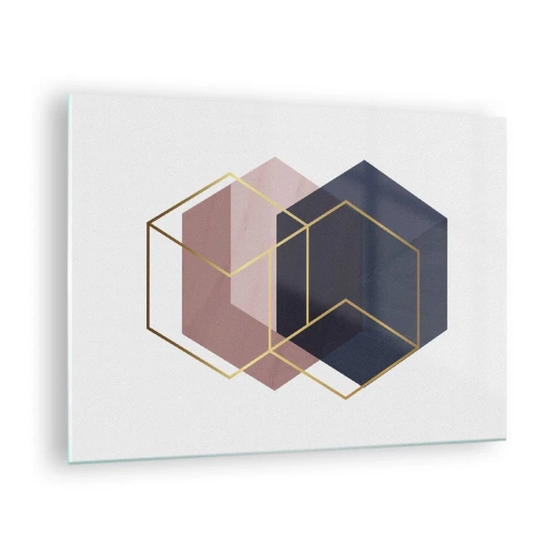Üveg kép - Aranyszínű kockák körvonalai sötétkék és rózsaszín tömör anyagok hátterében - 70x50cm - Az egyszerűség ereje - Modern fali dekoráció nappalihoz és hálószobához ARTTOR