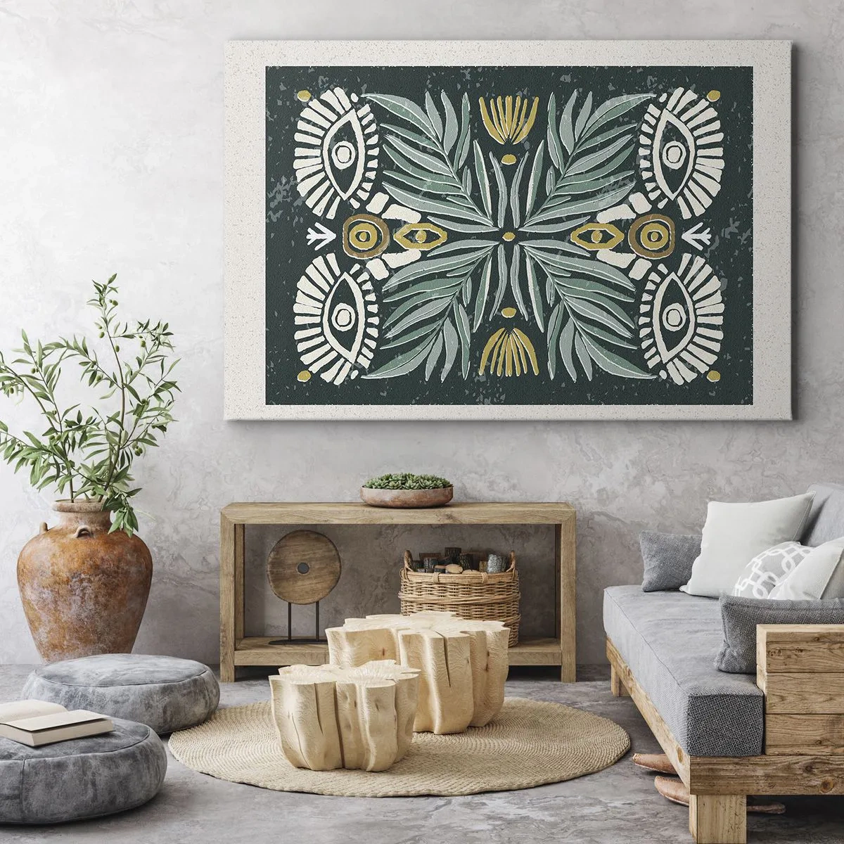 Vászonkép - Szimmetrikus növényi minta zöld háttéren - 70x50cm - Mint egy népi kivágás - Modern fali dekoráció nappalihoz és hálószobához ARTTOR