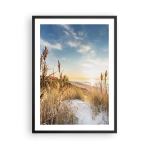 Poszter fehér keretben - Napos tengerparti táj füves dűnékkel - 50x70cm - Északi strand - Modern fali dekoráció nappalihoz és hálószobához ARTTOR