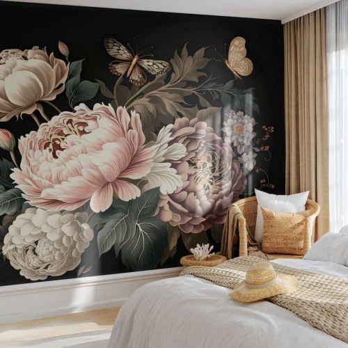 Fotótapéta Standard Eco - Bazsarózsa virágok pillangókkal fekete háttéren - 100x70cm - Barokk stílusban - Modern fali dekoráció nappalihoz és hálószobához ARTTOR