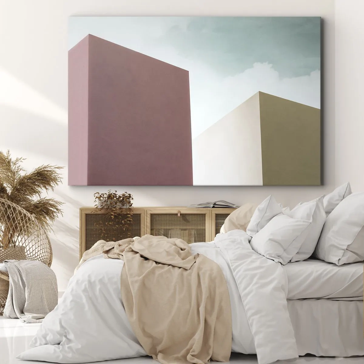 Vászonkép - Minimalista építészet pasztellszínű blokkokkal és égbolttal - 70x50cm - Egy napsütéses nyár geometriája - Modern fali dekoráció nappalihoz és hálószobához ARTTOR