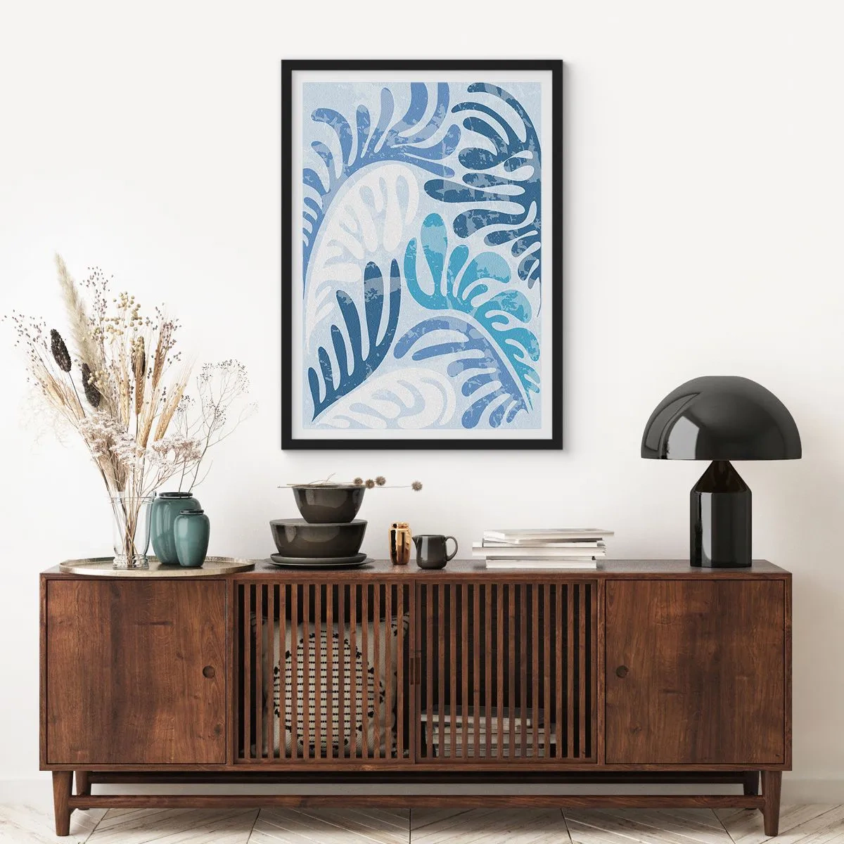 Poszter fehér keretben - Kék árnyalatú levelek absztrakt kompozíciója - 50x70cm - Kék páfrányok - Modern fali dekoráció nappalihoz és hálószobához ARTTOR
