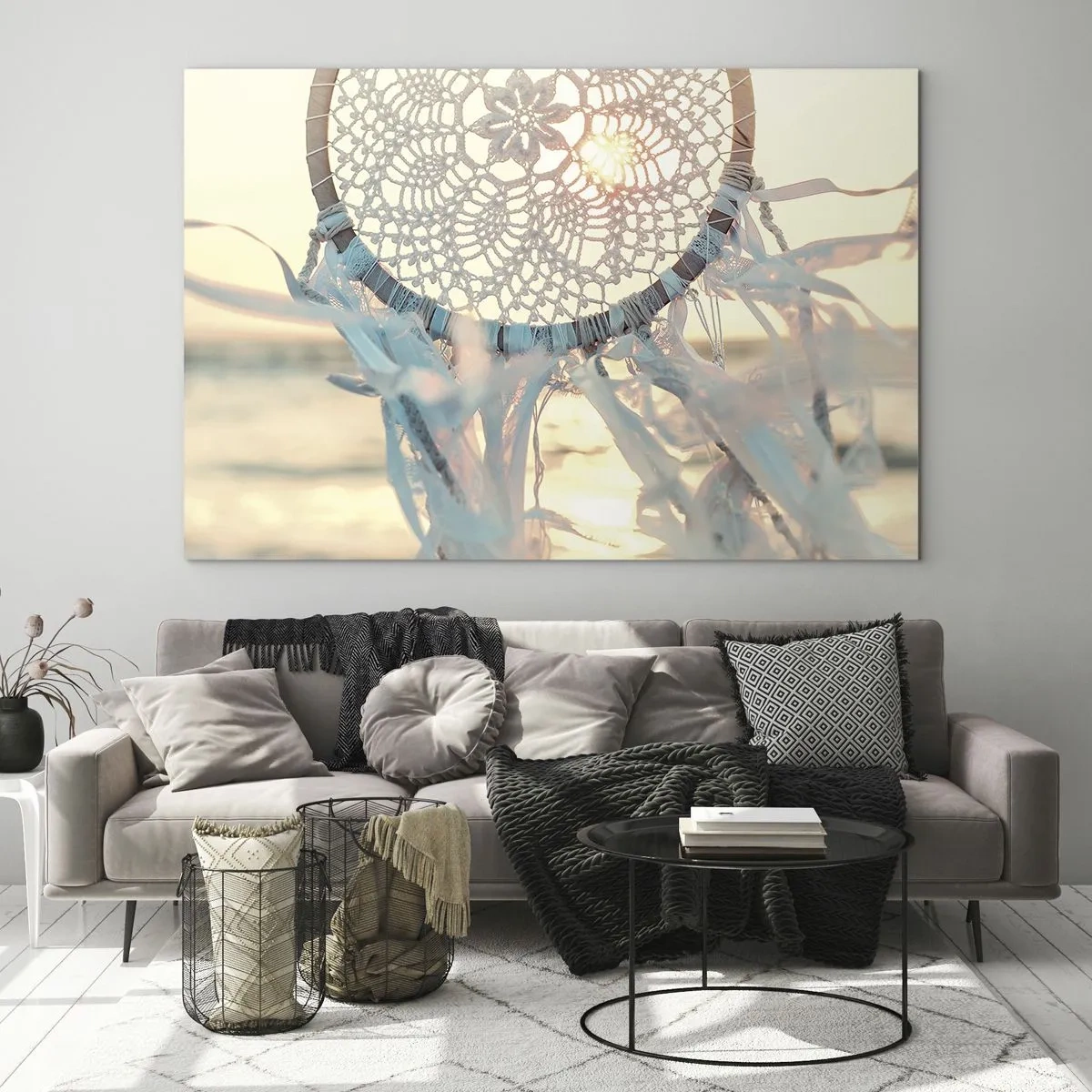 Üveg kép - Egy csipketotem finom rojtokkal a tenger felett lenyugvó nap hátterében. - 70x50cm - Csipkés totem - Modern fali dekoráció nappalihoz és hálószobához ARTTOR