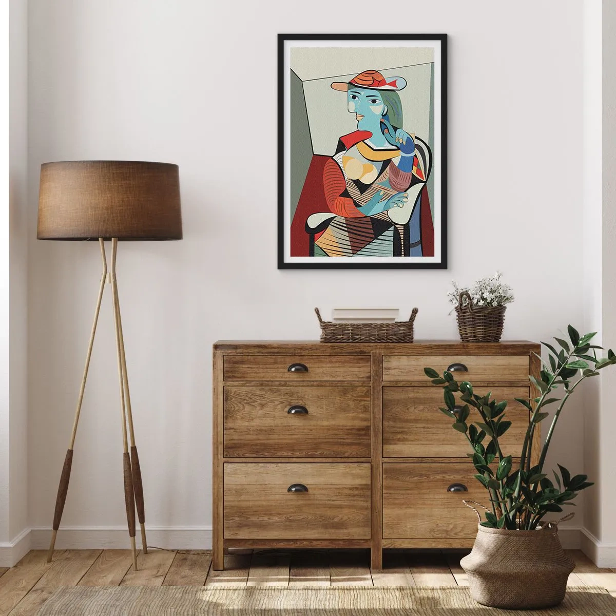 Poszter fehér keretben - Kubista portré egy kalapban lévő nőről - 50x70cm - Picasso szemével - Modern fali dekoráció nappalihoz és hálószobához ARTTOR