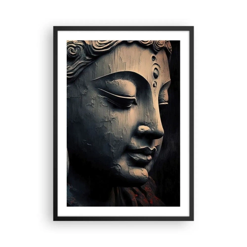Poszter fehér keretben - Közeli kép egy Buddha-szoborról meleg fényben - 50x70cm - Összhangban a világgal - Modern fali dekoráció nappalihoz és hálószobához ARTTOR