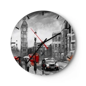 Falióra, Óra - Big Ben és egy londoni utca egy piros busszal és taxival - 30x30cm - Egyáltalán nem szürke város - Modern fali dekoráció nappalihoz, konyhához és hálószobához ARTTOR