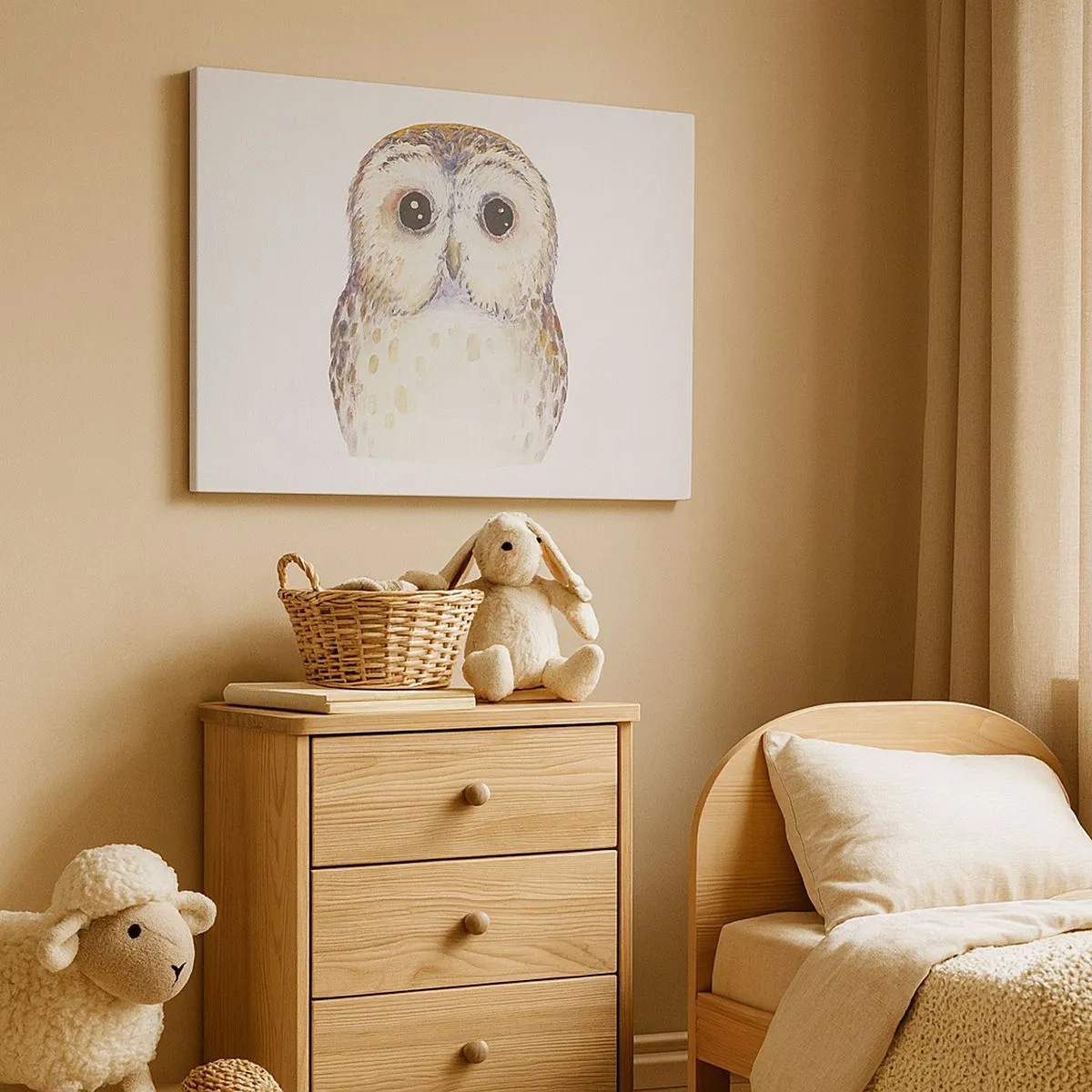 Vászonkép - Bagoly portréja világos háttéren, finom színekkel - 70x50cm - Nézz a szemembe - Modern fali dekoráció nappalihoz és hálószobához ARTTOR