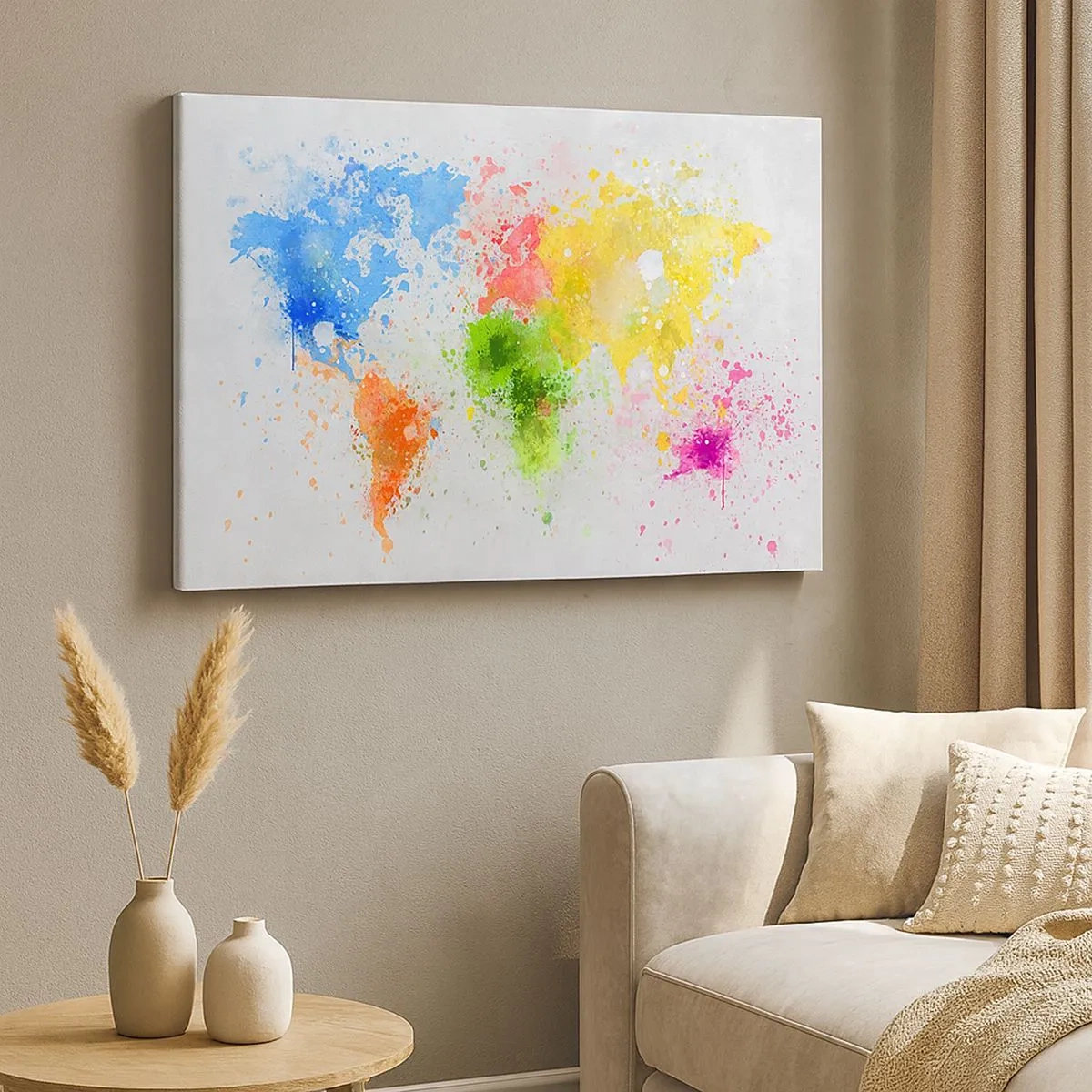 Vászonkép - Világtérkép színes akvarell interpretációban - 70x50cm - A világ minden színe - Modern fali dekoráció nappalihoz és hálószobához ARTTOR