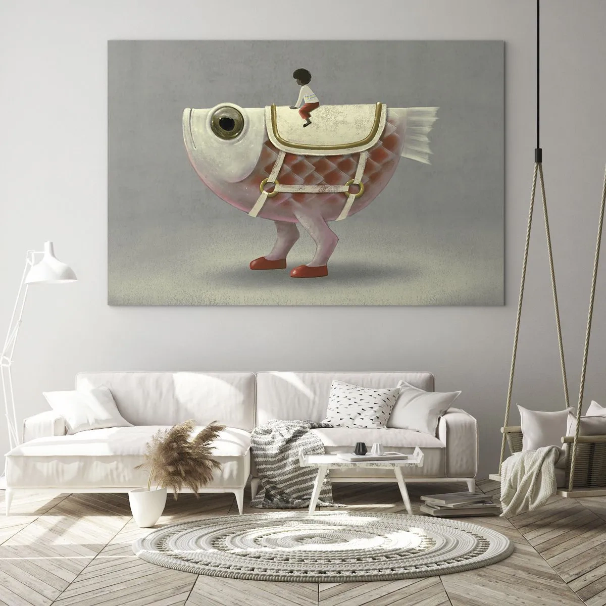 Üveg kép - Egy alak lovagol egy rózsaszín halon, lábakkal és nyereggel - 70x50cm - A halas lovas - Modern fali dekoráció nappalihoz és hálószobához ARTTOR