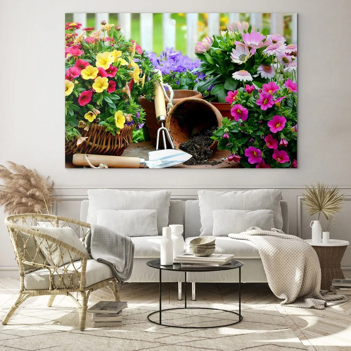 Üveg kép - Színes virágok cserépben kerti eszközökkel - 70x50cm - Zosia kertje - Modern fali dekoráció nappalihoz és hálószobához ARTTOR