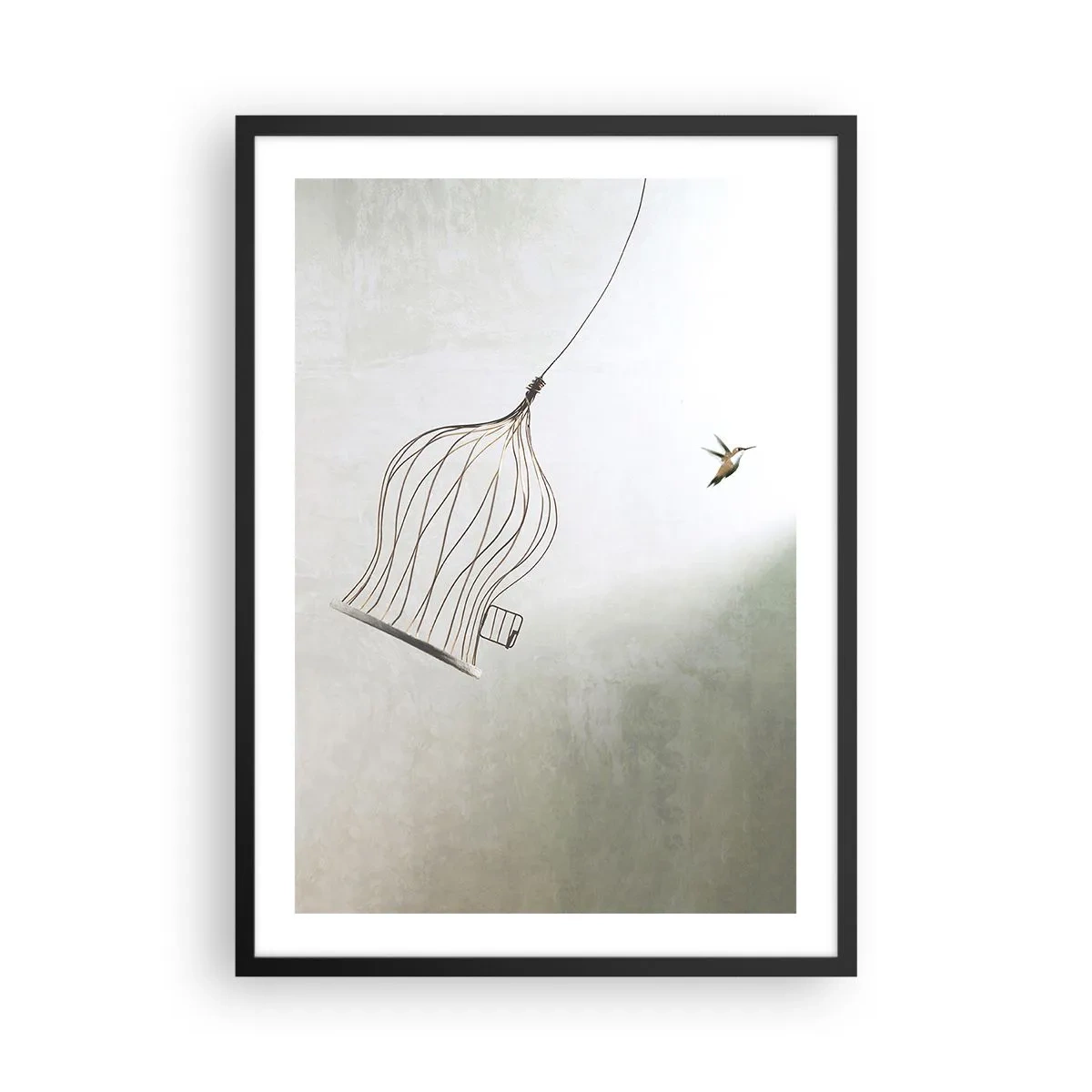 Poszter fehér keretben - Egy madár elhagyja kalitkáját minimalista stílusban. - 50x70cm - Az elememen - Modern fali dekoráció nappalihoz és hálószobához ARTTOR