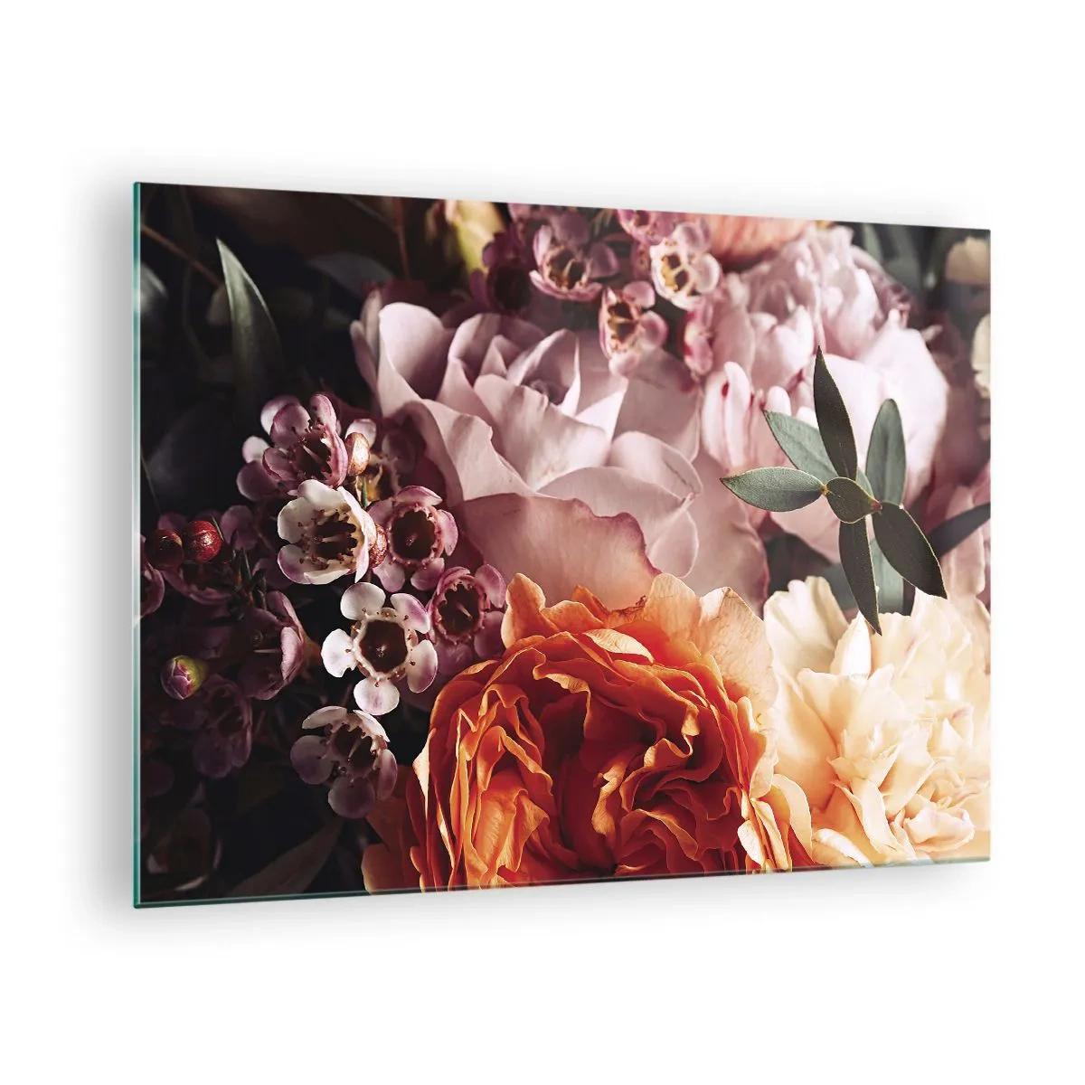 Üveg kép - Rózsa, szegfű és apró virágok kompozíciójának közeli képe. - 70x50cm - Szépségbe burkolózva - Modern fali dekoráció nappalihoz és hálószobához ARTTOR