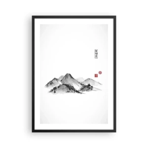 Poszter fehér keretben - Minimalista japán stílusú hegyi táj - 50x70cm - Messze a távoltól - Modern fali dekoráció nappalihoz és hálószobához ARTTOR