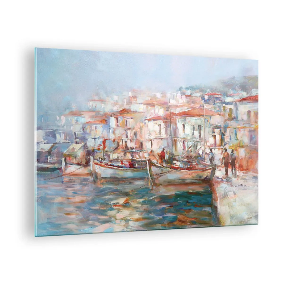 Üveg kép - Festői kikötő pasztellszínű hajókkal - 70x50cm - Pasztell vakáció - Modern fali dekoráció nappalihoz és hálószobához ARTTOR