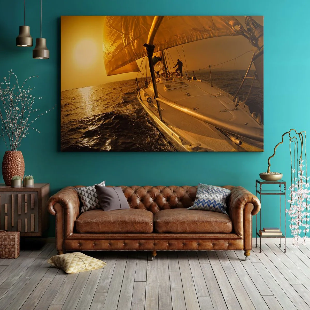 Vászonkép - Vitorláshajó a tengeren naplementekor, aranyló ragyogás. - 70x50cm - Arany este egy színes nap után - Modern fali dekoráció nappalihoz és hálószobához ARTTOR