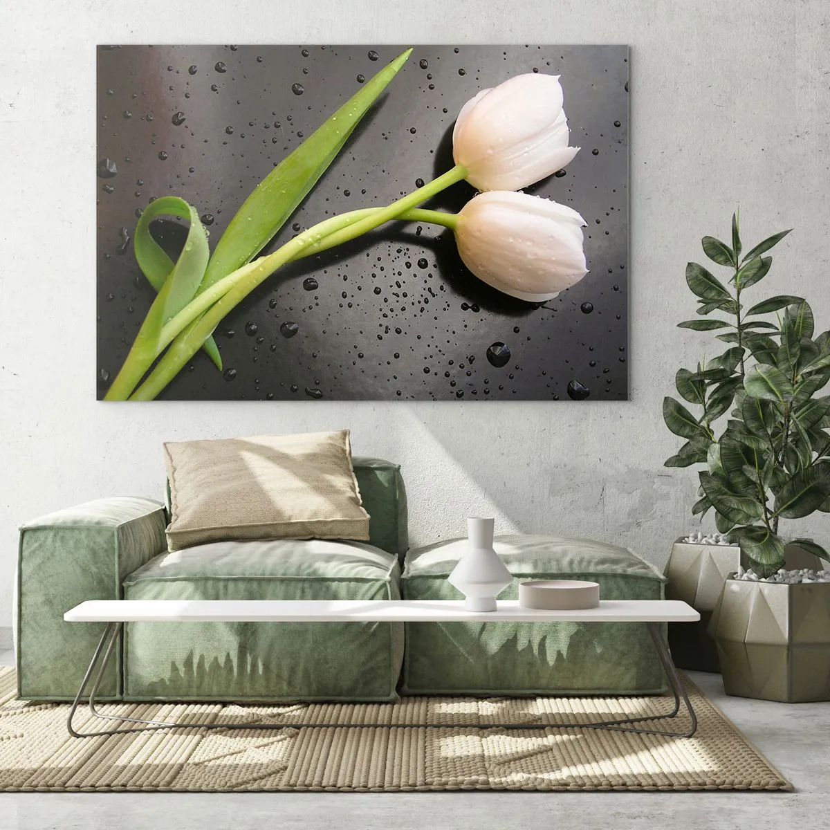 Üveg kép - Fehér tulipánok vízcseppekkel a háttérben - 70x50cm - Tavaszi fonódás - Modern fali dekoráció nappalihoz és hálószobához ARTTOR