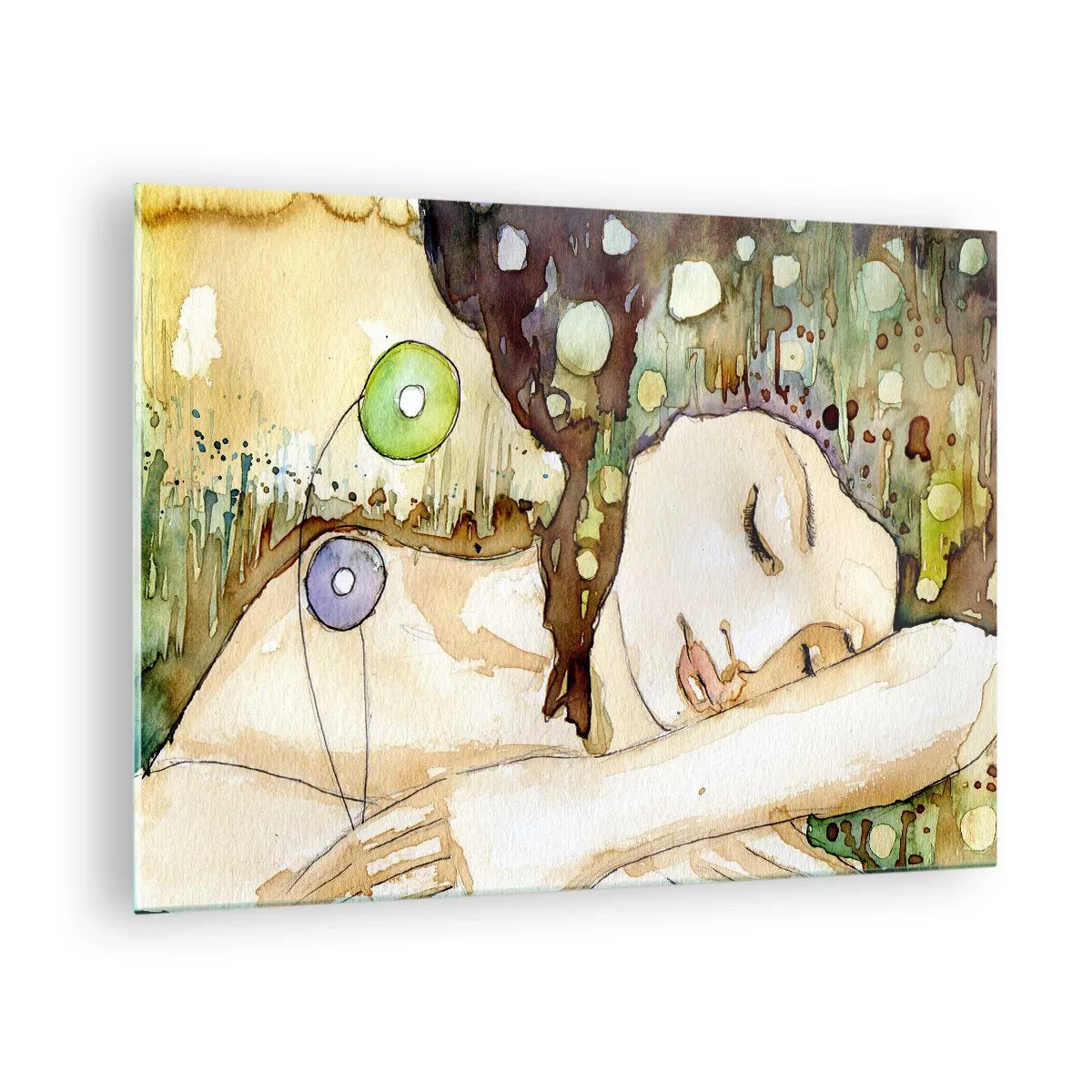 Üveg kép - Egy alvó nő egy művészi akvarellfestményen, meleg színekkel. - 70x50cm - Smaragd-ibolya álom - Modern fali dekoráció nappalihoz és hálószobához ARTTOR