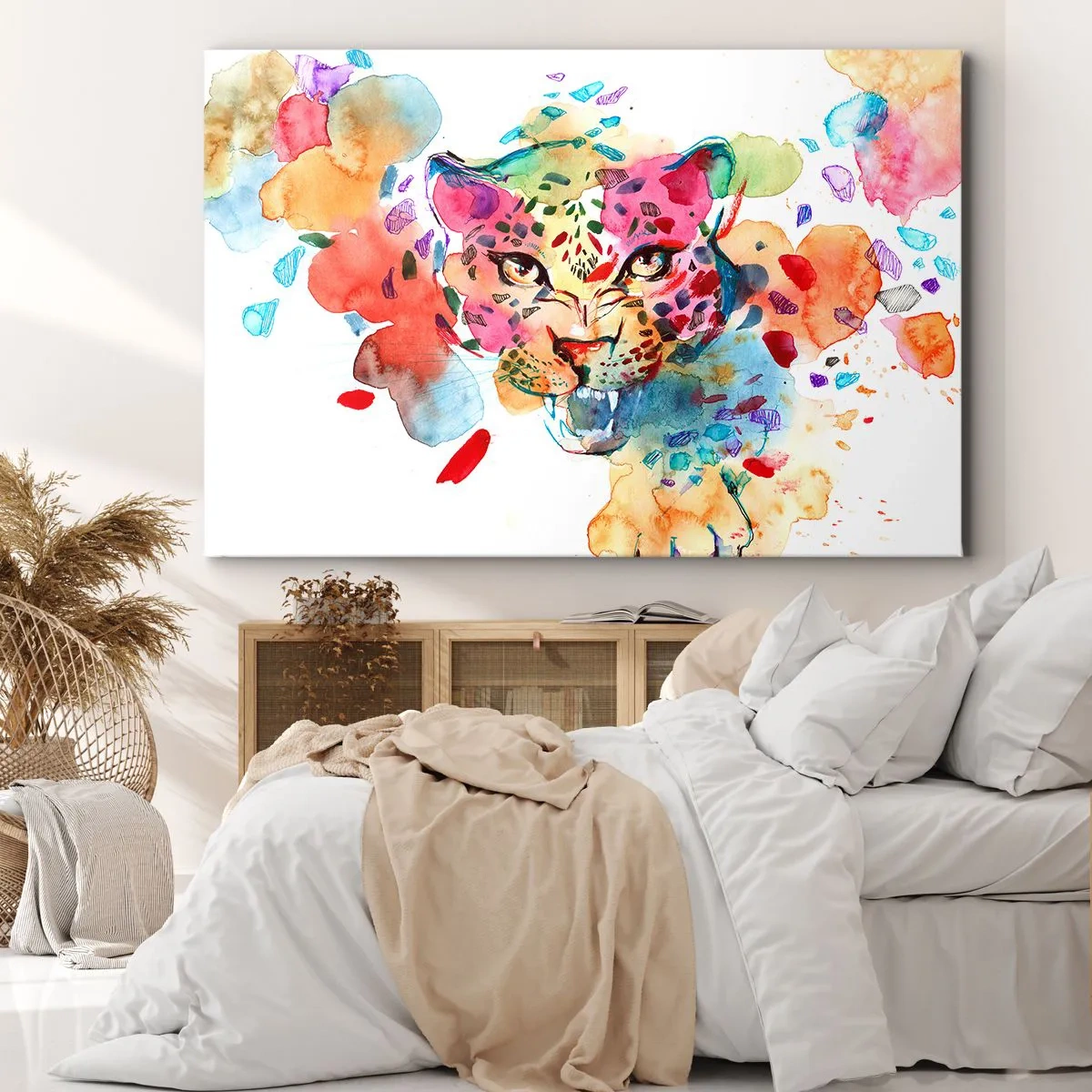 Vászonkép - Egy leopárd absztrakt portréja intenzív színekben - 70x50cm - Szépség és a szörny - Modern fali dekoráció nappalihoz és hálószobához ARTTOR