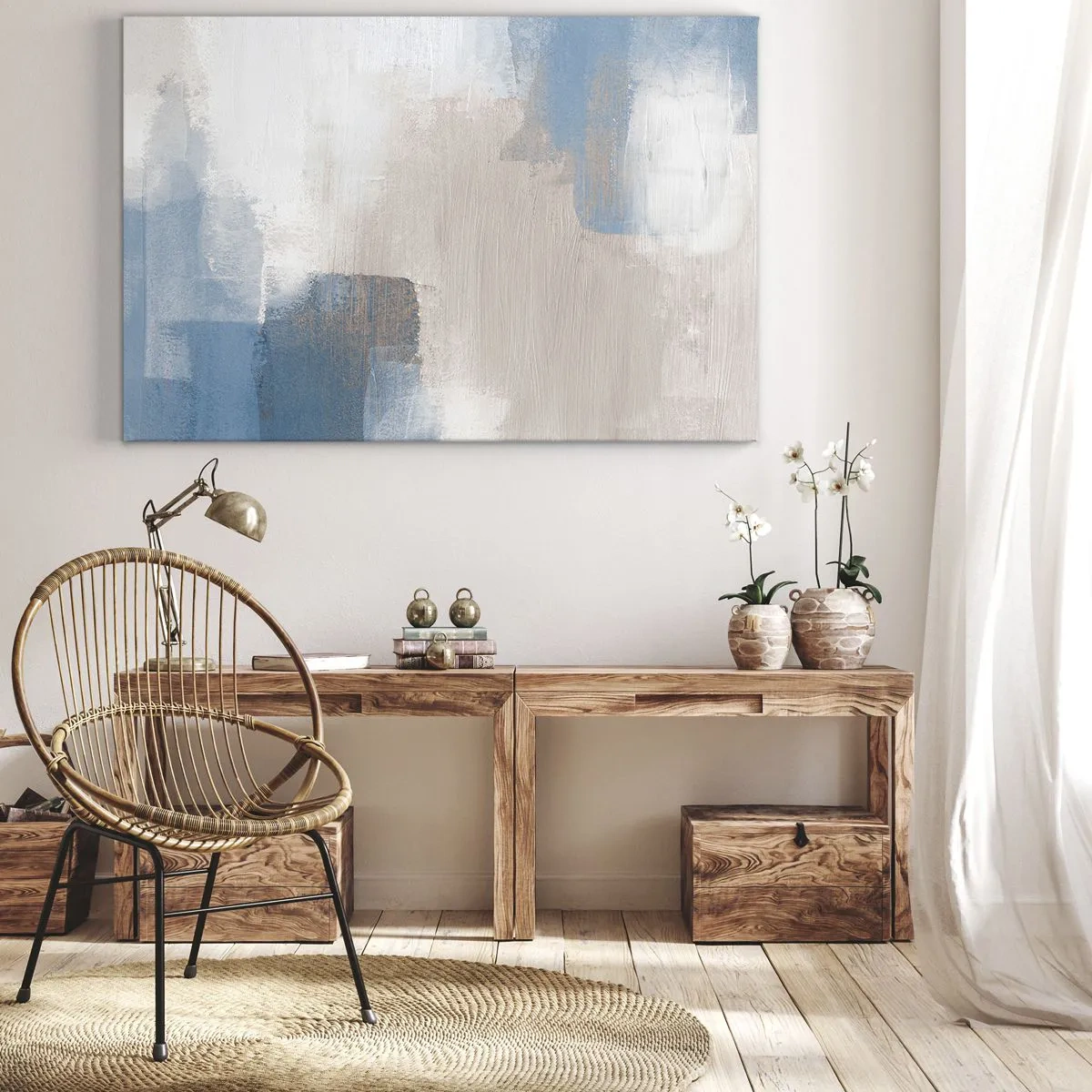 Vászonkép - Rózsaszín absztrakció egy kék fátyol mögött - 120x80 cm