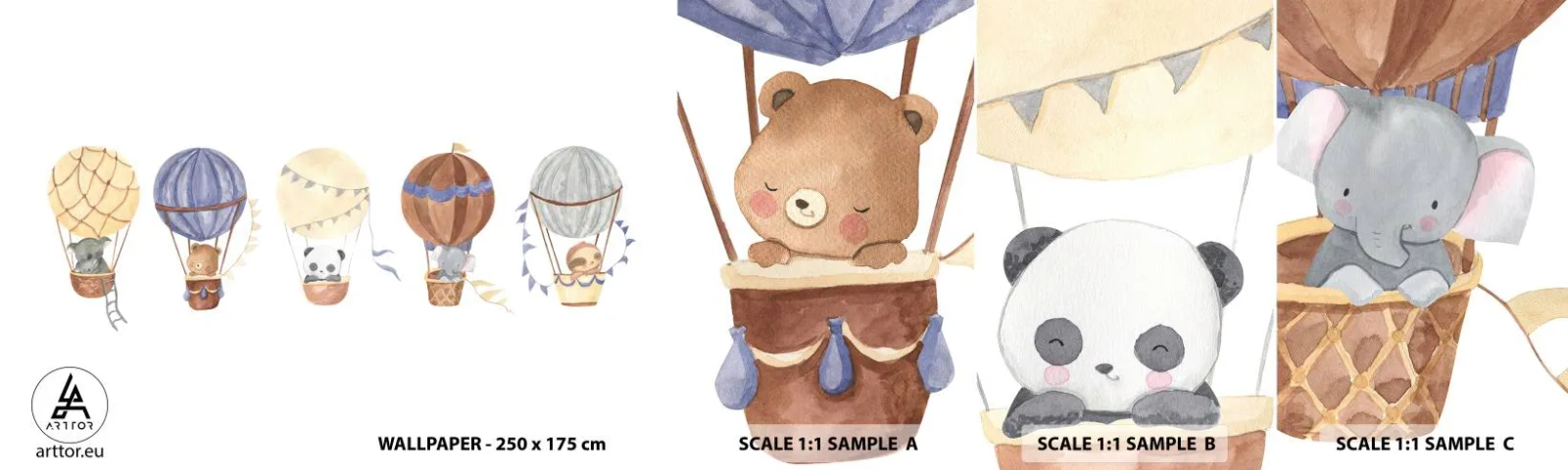 Fotótapéta Minta Öntapadós Deluxe Sticker - Barátok egy utazáson - Léggömbök, Állatok, Gyermekek - 100x30 cm