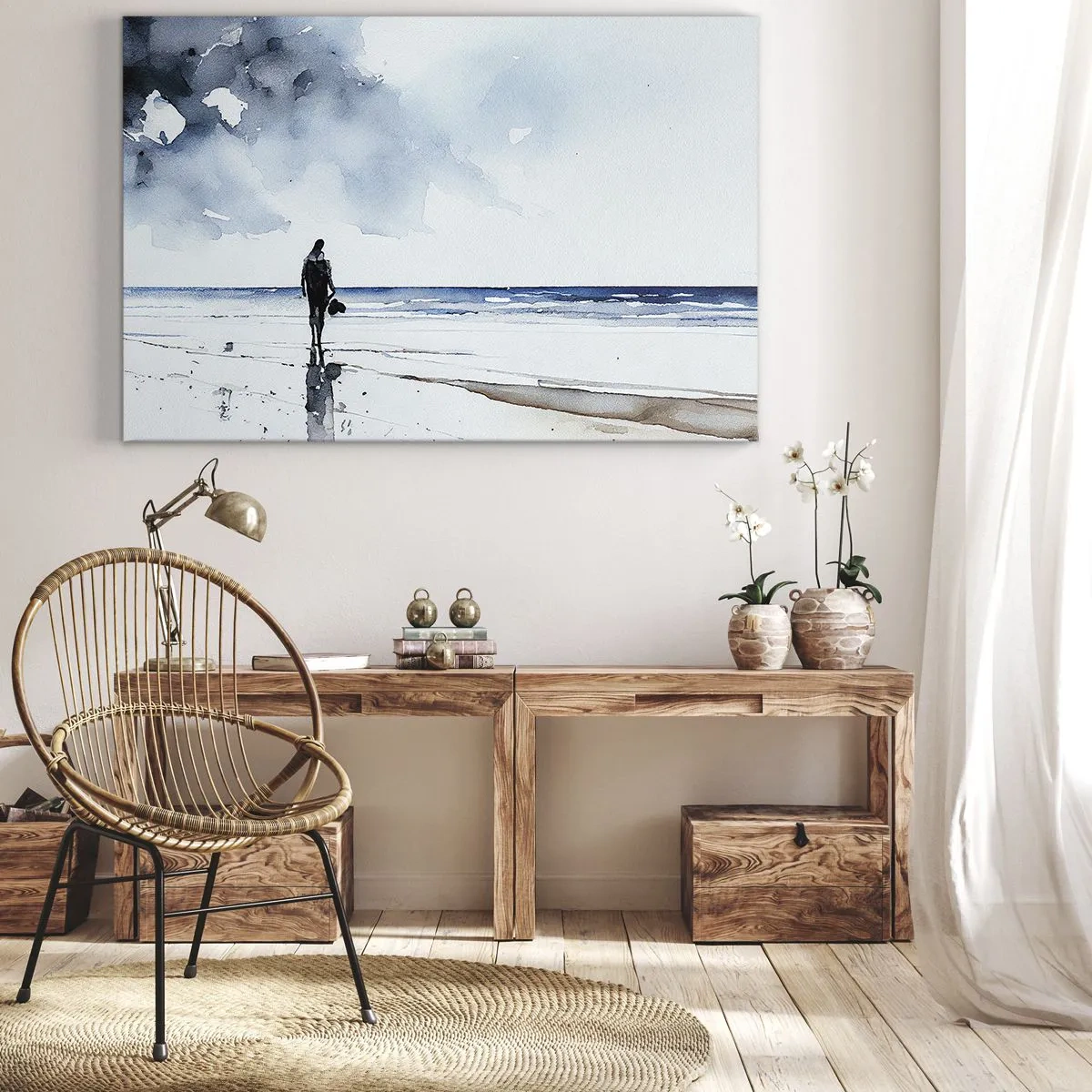 Vászonkép - Egy alak a tengerparton, nyugodt tengeri környezetben - 70x50cm - Beszélgetés a tengerrel - Modern fali dekoráció nappalihoz és hálószobához ARTTOR