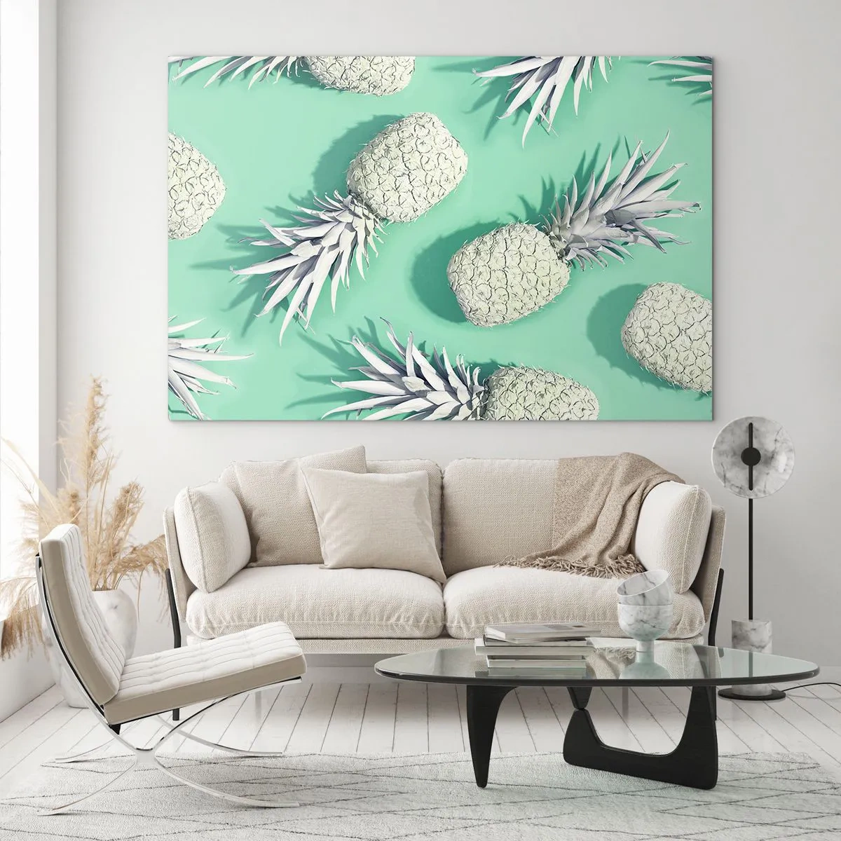 Üveg kép - Fehér ananász menta alapon, művészi kompozícióban - 70x50cm - jól megy a mentával - Modern fali dekoráció nappalihoz és hálószobához ARTTOR