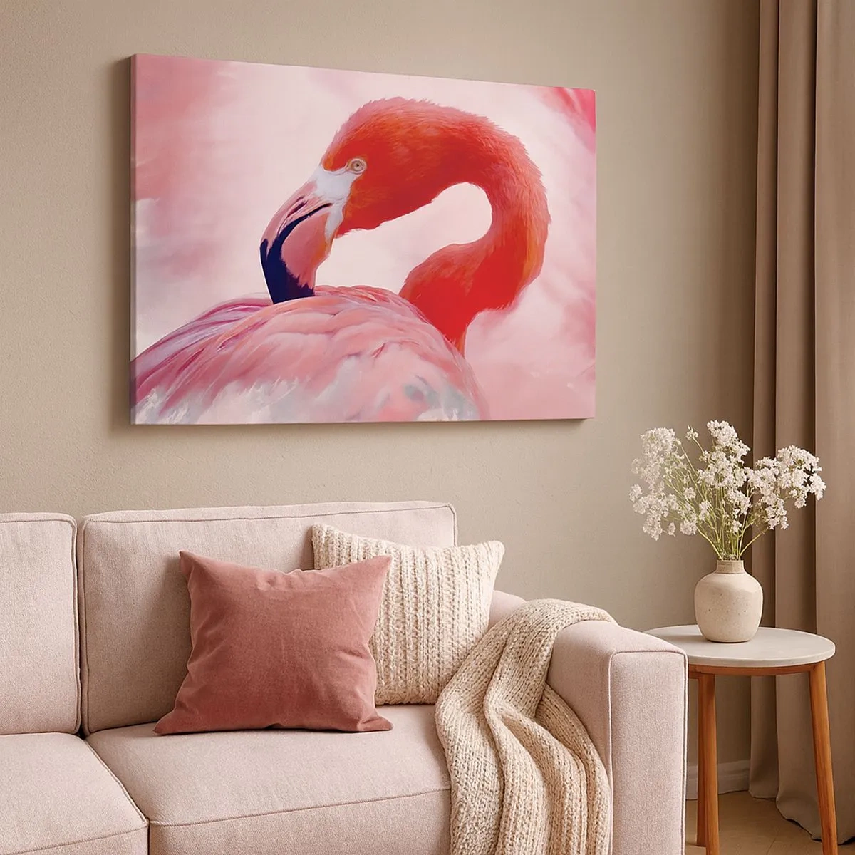 Vászonkép - Egy flamingó rózsaszín árnyalatokban világos háttér előtt - 70x50cm - Madári szépség - Modern fali dekoráció nappalihoz és hálószobához ARTTOR
