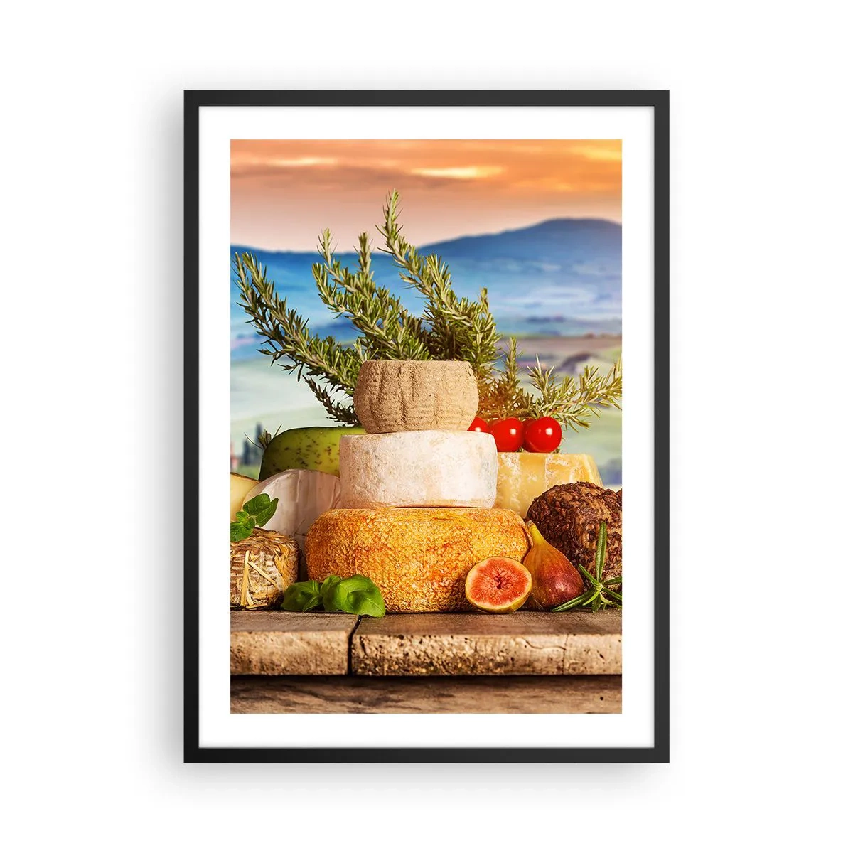 Poszter fehér keretben - Rusztikus sajthalom tájkép hátterében - 50x70cm - Az olasz életöröm - Modern fali dekoráció nappalihoz és hálószobához ARTTOR