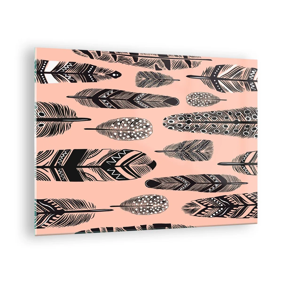 Üveg kép - Dekoratív tollak fekete-fehér mintákkal rózsaszín alapon - 70x50cm - Indiai gyűjtemény - Modern fali dekoráció nappalihoz és hálószobához ARTTOR