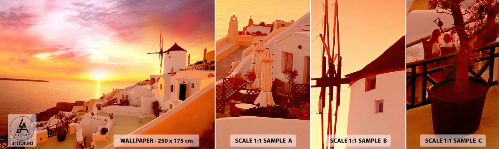 Fotótapéta Minta Öntapadós Deluxe Sticker - Szétfolyni a fehérben és aranyban - Tájkép, Santorini, Görögország - 100x30 cm