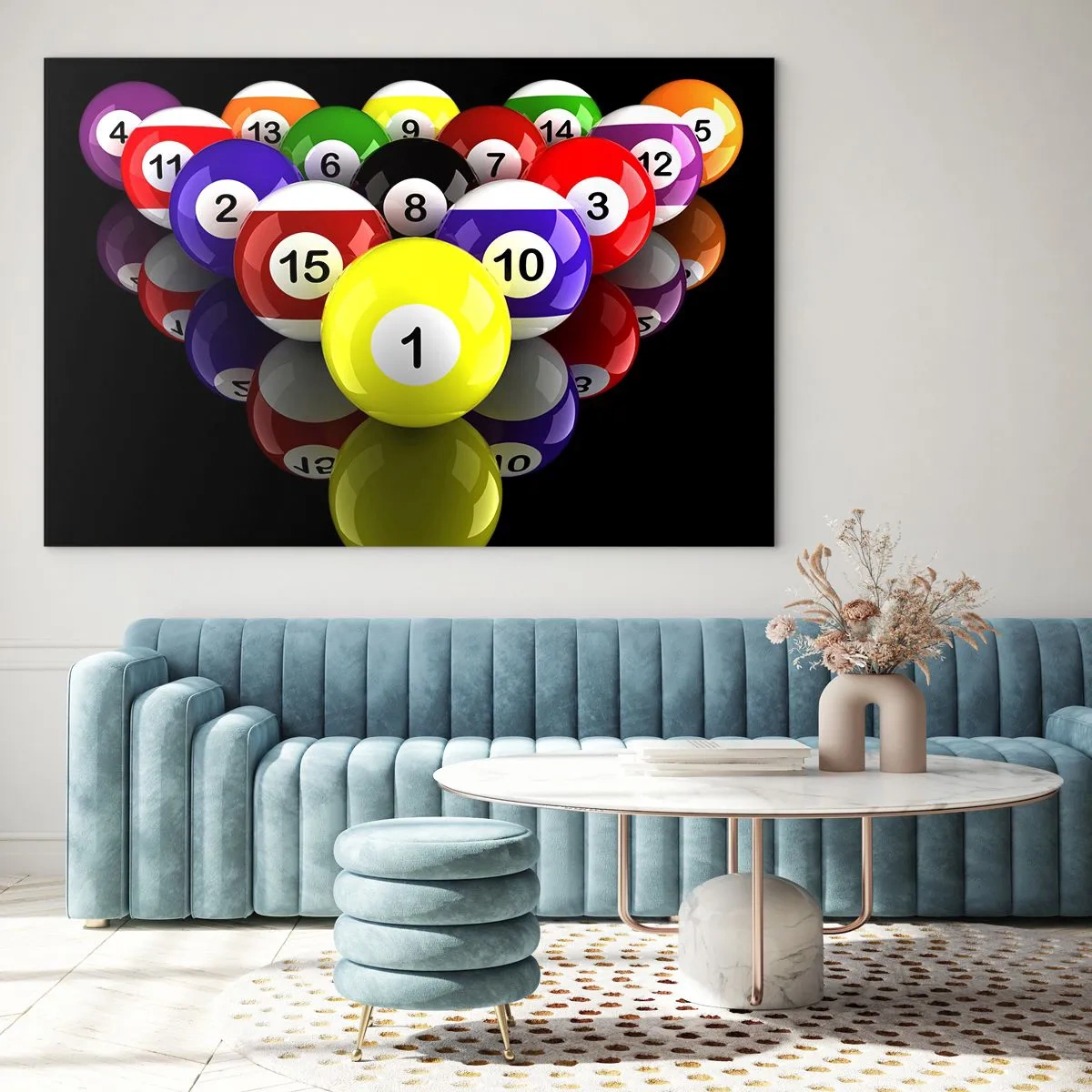 Üveg kép - Színes biliárdgolyók elrendezve fekete háttéren - 70x50cm - Különböző játék színek - Modern fali dekoráció nappalihoz és hálószobához ARTTOR