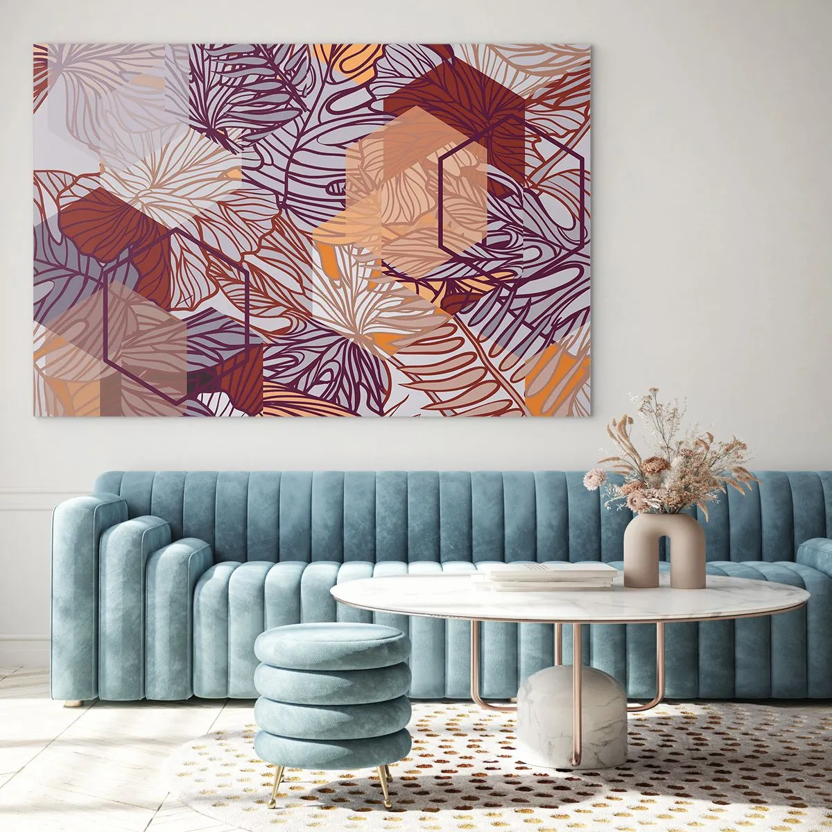 Üveg kép - Grafikus levelek geometrikus formák hátterében - 70x50cm - Lehetetlen kapcsolat a geometria és a természet között - Modern fali dekoráció nappalihoz és hálószobához ARTTOR