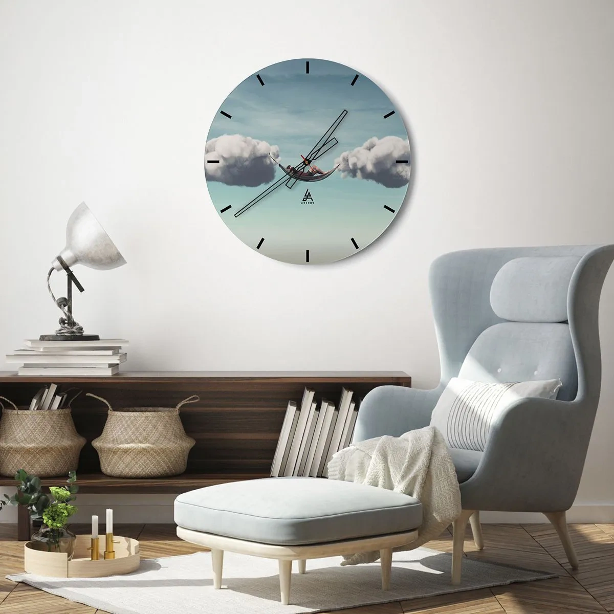 Falióra, Óra - Egy függőágy lebeg a felhők felett - 30x30cm - Egy pillanatnak a gyönyörűsége - Modern fali dekoráció nappalihoz, konyhához és hálószobához ARTTOR