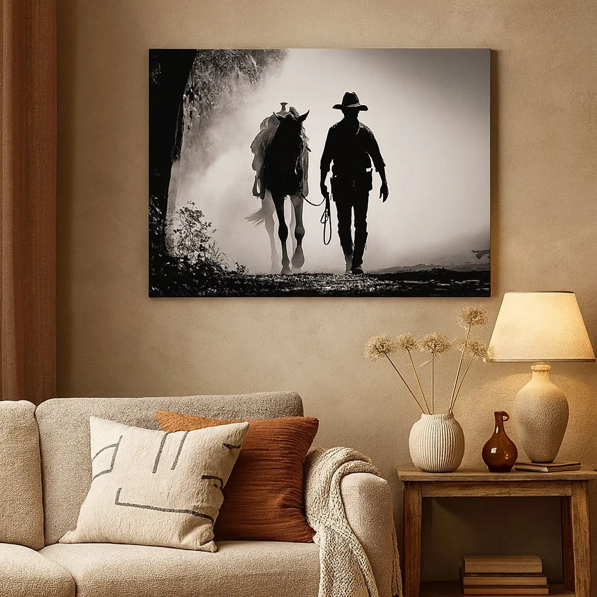 Vászonkép - Cowboy lóval a reggeli ködben - 70x50cm - Texasi reggel - Modern fali dekoráció nappalihoz és hálószobához ARTTOR