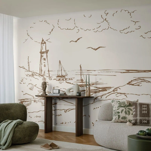 Fotótapéta Premium Canvas - A nyár emlékeinek vázlata - Grafika, Tengerpart, Világítótorony - 200x140 cm