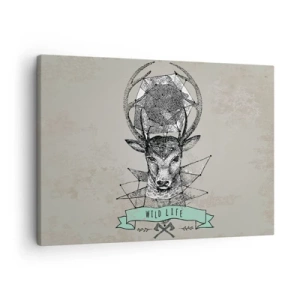 Vászonkép - Vintage stílusú szarvas geometria Wild Life felirattal - 70x50cm - Szt. Hubertus látomása - Modern fali dekoráció nappalihoz és hálószobához ARTTOR