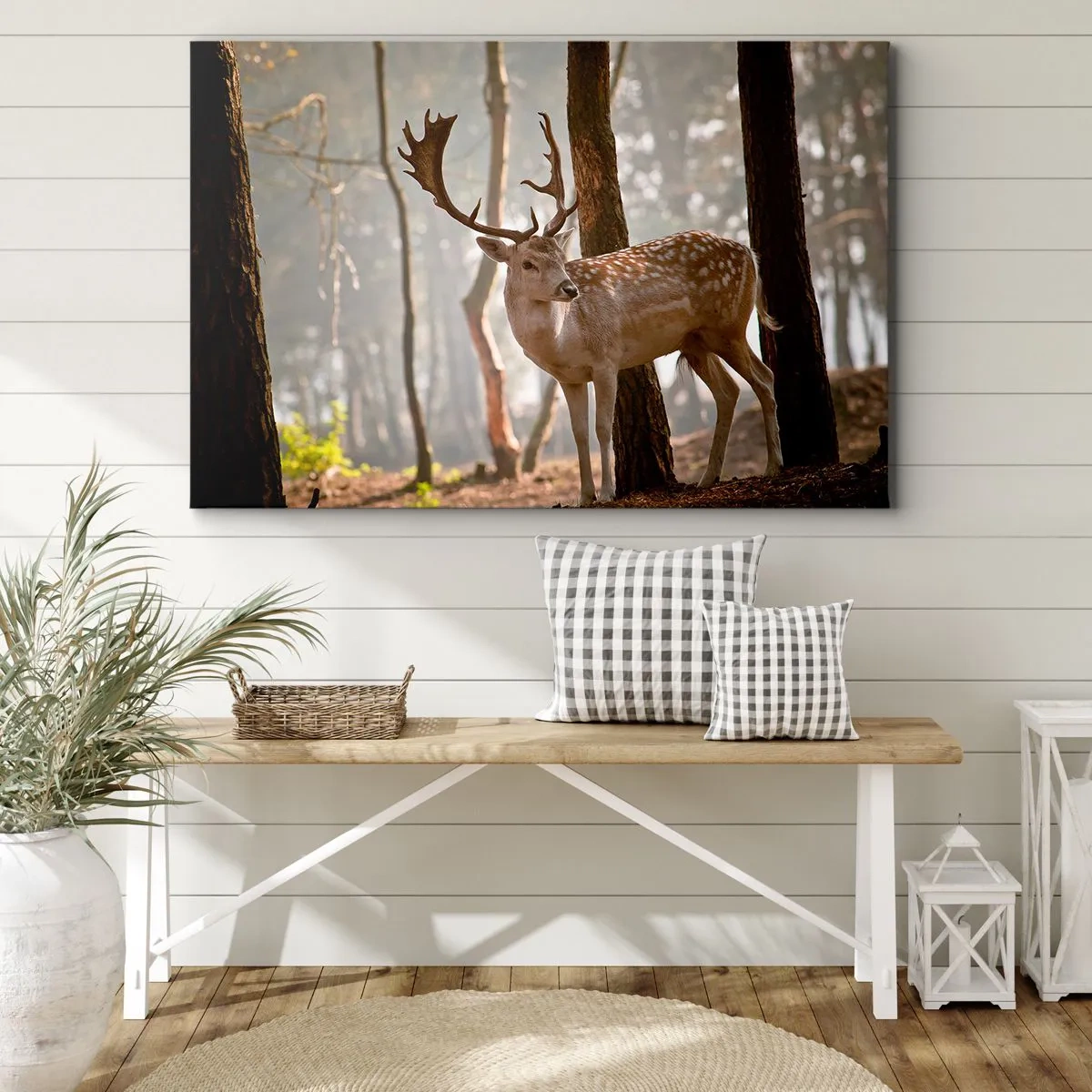 Vászonkép - Szarvasok az erdőben a reggeli ködben - 70x50cm - A fiatalság fénye - Modern fali dekoráció nappalihoz és hálószobához ARTTOR