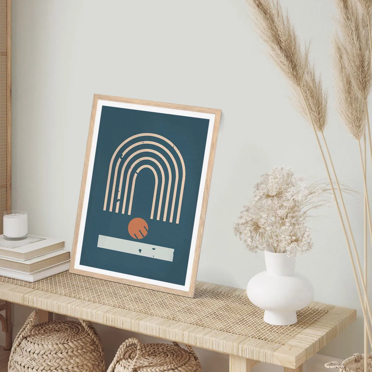 Poszter világos tölgy keretben - Geometria sötétkék háttéren - 40x50 cm