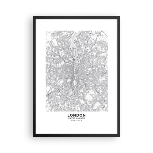 Poszter fehér keretben - London fekete-fehér térképe pontos utcaadatokkal - 50x70cm - A londoni labirintus térképe - Modern fali dekoráció nappalihoz és hálószobához ARTTOR
