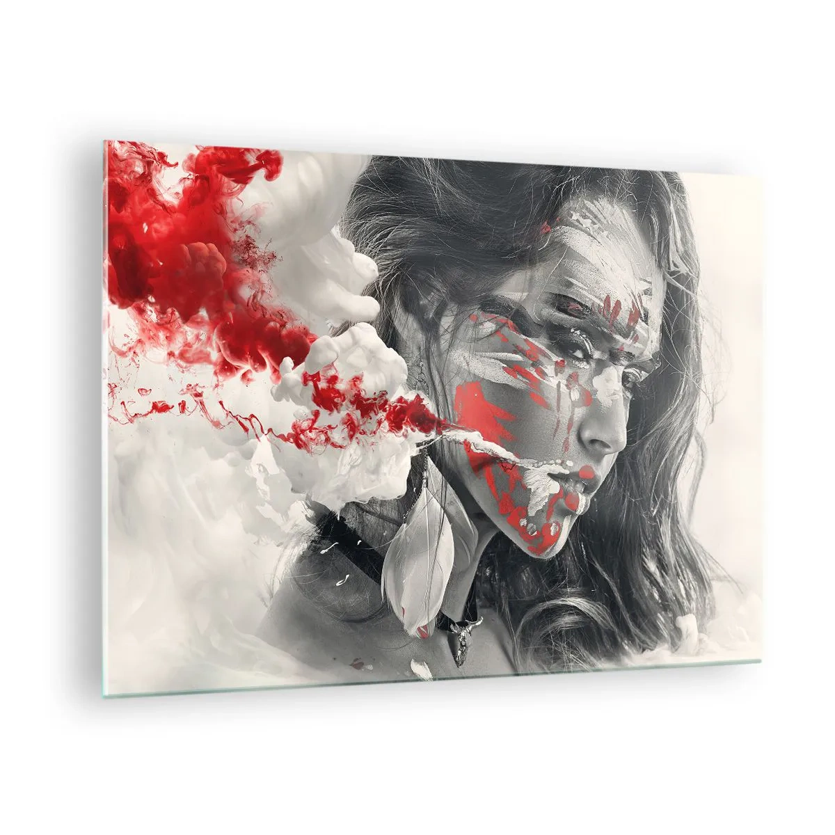 Üveg kép - Egy nő portréja absztrakt piros és fehér mintákkal - 70x50cm - Az abszurditás füstjében - Modern fali dekoráció nappalihoz és hálószobához ARTTOR