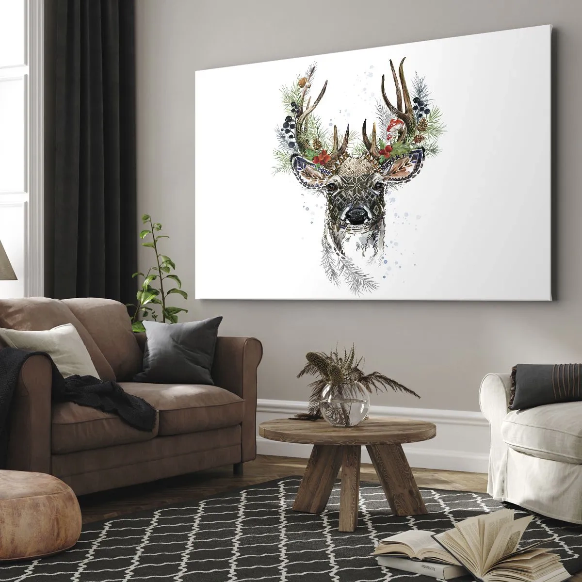 Vászonkép - Stilizált szarvas dekoratív agancsokkal fehér alapon - 70x50cm - Ünnepi köntösben - Modern fali dekoráció nappalihoz és hálószobához ARTTOR