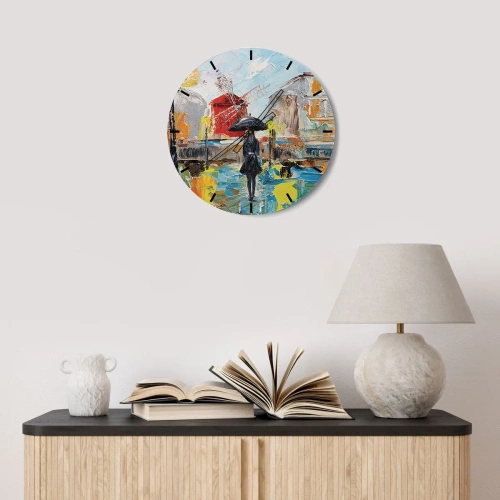 Falióra, Óra - Színes városkép egy nővel és egy szélmalommal - 30x30cm - Párizsi legendák - Modern fali dekoráció nappalihoz, konyhához és hálószobához ARTTOR